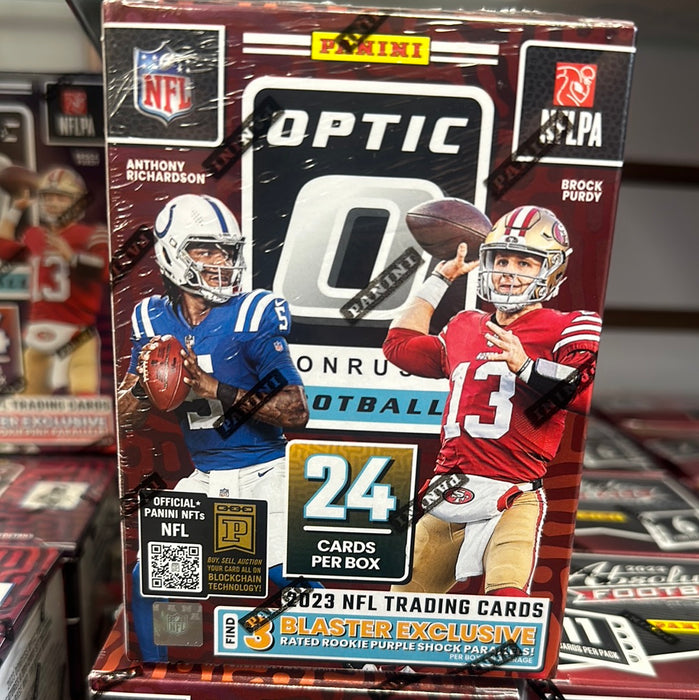 2023 Panini NFL Donruss Optics Football Trading Card Blaster Box (PURPLE SHOCK)